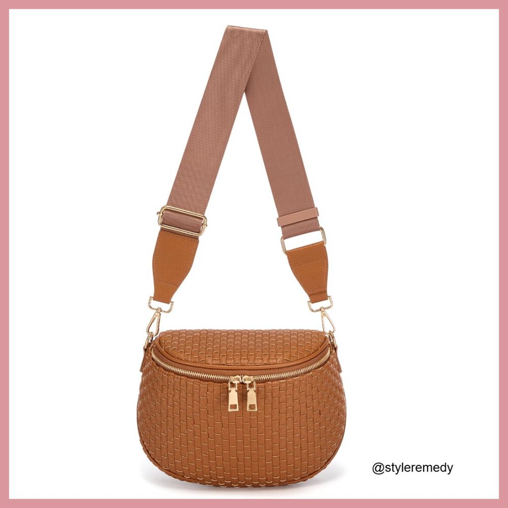 Woven Vegan Leather Crossbody Bag, Checkered PU Bum Bag Waist Pack